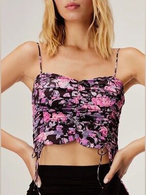 For Love & Lemons Farrah Bustier Floral Ruched Top W/Side Zipper In Black & Pink
